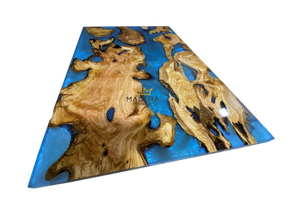 Rechte ocean epoxy eettafel met olijfhout tafelblad