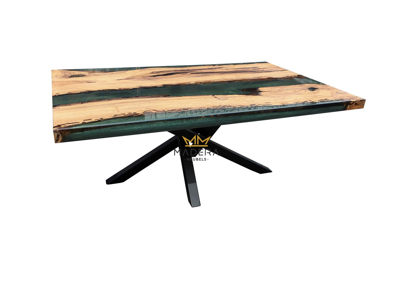 Emerald epoxy salontafel van horizontaal gezaagde boomstronken zijkant