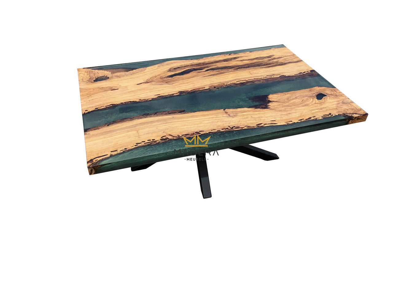 Emerald epoxy salontafel van horizontaal gezaagde boomstronken hoek
