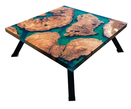 Stonz smaragd groene epoxy salontafel met olijfhout vier poten