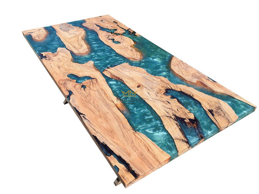 Rechte turquoise epoxy eettafel met olijfhout tafelblad