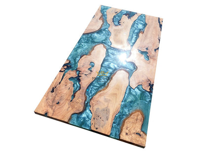 Rechte turquoise epoxy eettafel van olijfhout boven glans